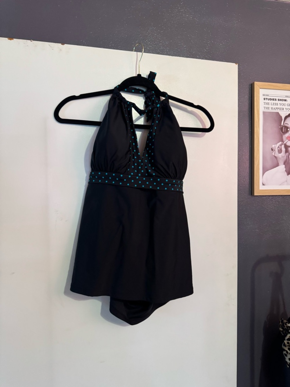 Black Halter with Teal Polka Dot Trim - Women Swim Tankini - Picture 2 of 4